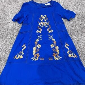 Brass & Roe Royal Blue Floral Embroidery Fully Lined Boho Summer Mini Dress XS